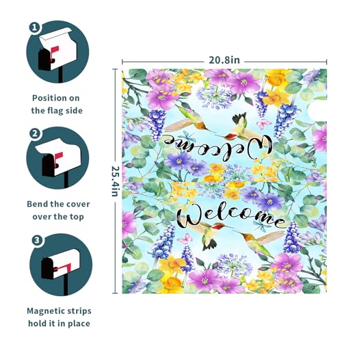 Image of Spring Summer Flowers Mailbox Covers Magnetic Large Size 25x21 Inch Cherry Blossom Mailbox Cover Spring Hummingbird Mailbox Wraps Post Letter Box Cover Decoration for Outdoor Garden Home Yard Outside