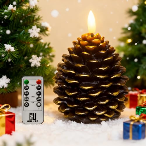 Guluto Flameless Pinecone Candles Battery Operated Real Wax Candles Led Flickering 3D Wick Candle with Remote and Timer for Christmas Winter Holiday Decoration 3.7 x 5 Brown