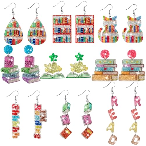 Y1tvei Black to School Earring - 9 Pairs Read Book Bookcase Sparkly Glitter Acrylic Drop Dangle Earring Read All The Books Jewelry Accessories Supply for Women Bookworms Reading Lover Bookish Gift