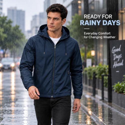 Image of MIA FASHION Men's Hooded Waterproof Rain Jacket Lightweight Wind Resistant Jacket with Zipper Pockets for Bike Riding, Travel & Outdoor Use