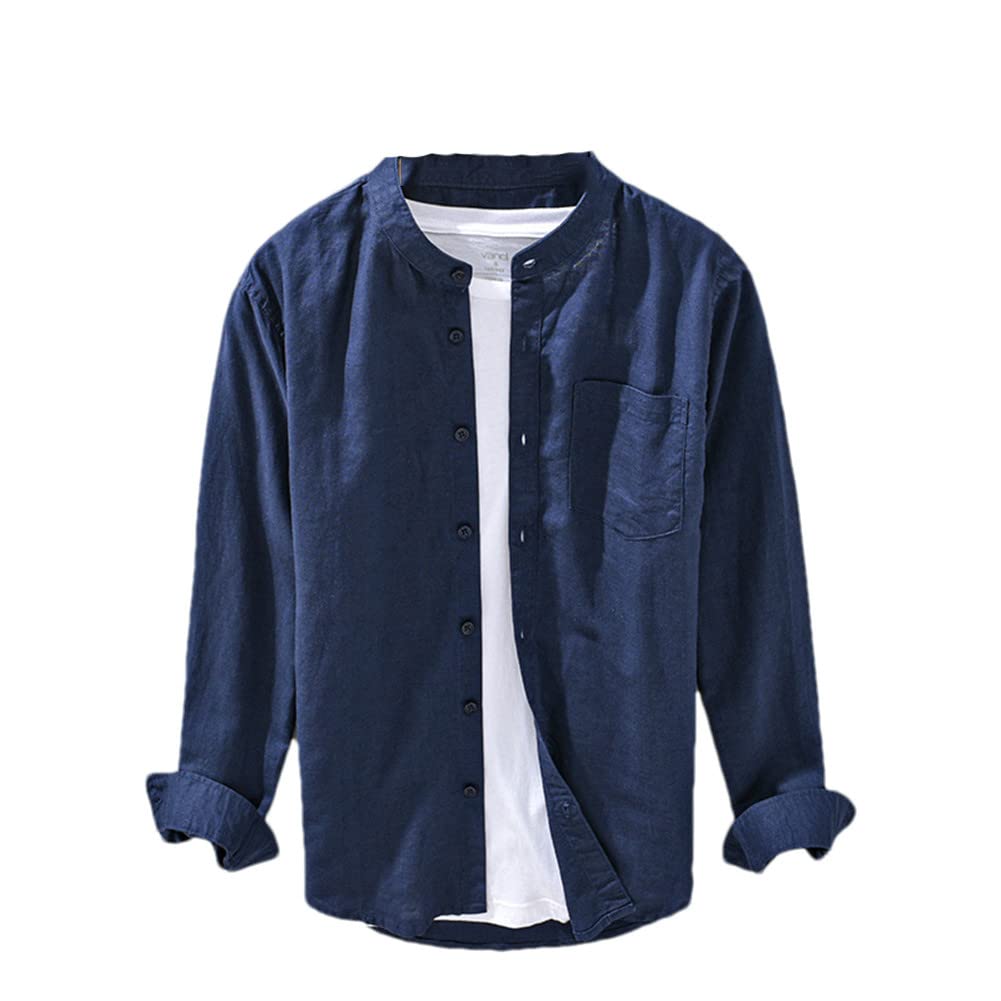 Vsadsau Camisas de lino para hombre, cuello alto, manga larga, color sólido, delgadas, casuales, clásicas, 2033 Azul Oscuro, 3XL