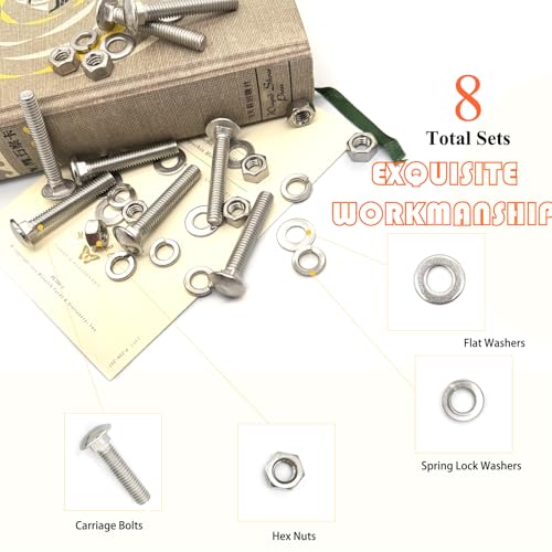 Image of 8 Sets 5 /16 inch-18 x2 Carriage Bolts Round Head Square Neck Screws with Hex Nuts Flat Washers Spring Lock Washers 304 Stainless Steel Full Thread Coverage Square Neck Bolts Assortment Kit