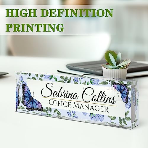 Image of Name Plate for Desk, Desk Name Plate Personalized, Office Decor for Women Men, Acrylic Desktop Accessories, Office Appreciation Gifts for Boss Social Workers Nurse Teacher Employee (Blue Butterfly)