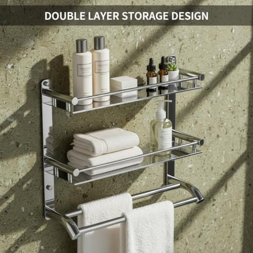 Image of Filox Stainless Steel 2-Tier Bathroom Shelf with Towel Rod | Wall Mounted Multipurpose Bathroom Rack Organizer | Rust Proof Storage Shelf for Toiletries | Heavy Duty Bathroom Accessories Holder