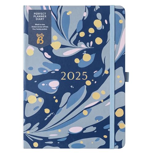 Busy B 2025 Weekly Diary Planner with Navy Marble Cover - A5 Daily Life Organiser, Jan-Dec - Pockets, Stickers & Notes Pages - Compact Design for Work, Home & School Planning