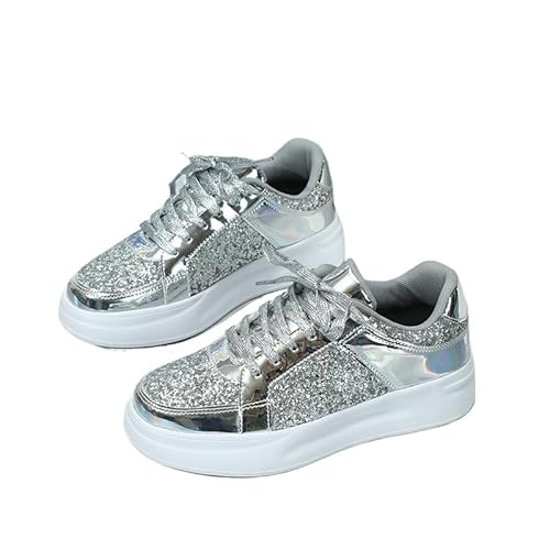 Damen Fashion Star Sneaker Glitzer Glitzer funkelndem Mode glänzend Casual Bling Pailletten Konzertschuhe Canvas Low Top Schnürung komfortable gepolsterte Walking für Street (Glitzer Silber,39)