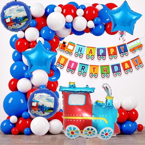 Image of Rozi Decoration Train Theme Birthday Decoration Kit with Balloon Arch, Happy Birthday Banner, Train Foil Balloon, Star Foil Balloons and Latex Balloons for Kids Birthday Party Decoration (58 Pieces)
