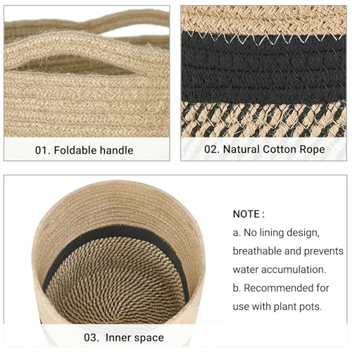 Image of Dahey Jute Rope Plant Basket Modern Woven Storage Basket for 10.5 inch Indoor Planter, Decorative Flower Pots Cover Laundry Bin with Handle Rustic Home Decor, Black