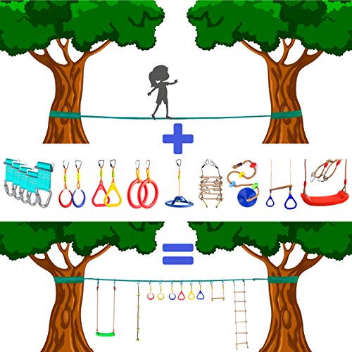 Slackline für Gleichgewichtstraining 50 ’mit Hochleistungs-Industrieratsche, Baumschutzband und Tragetasche - Slack Lines für den Garten - Ninja Slackline Support -Geschenkset für Kinder (Türkis)