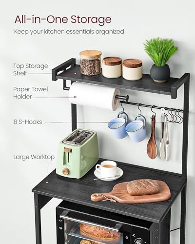 Image of VASAGLE BARNET Collection - Kitchen Bakers Rack with Power Outlet, 23.6-Inch Wide Coffee Bar 4-Tier with 8 S Hooks, Modern Microwave Stand, Adjustable Shelf, Charcoal Gray and Ink Black UKKS014B01V1