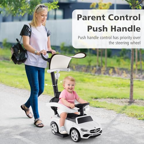 Image of Licensed Mercedes Benz Push Car for Toddlers by INFANS, 3 in 1 Sliding Walking Car with Push Handle, Horn, Music, Underneath Storage, Foot-to-Floor Ride on Toys for Boys Girls, White