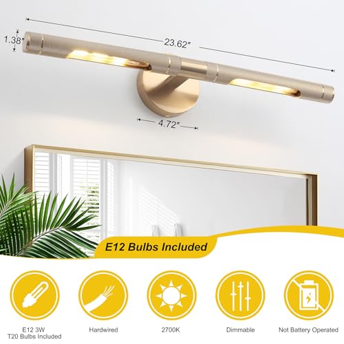 Image of Brass Wall Lights for Pictures,23.6in Hardwired Gold Knurled Brushed Wall Picture Light,Rotatable 360 Modern Gallery Light for Bedroom Bathroom Vanity Mirror Study Room, E12 Bulbs Included