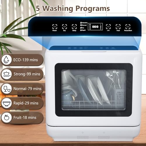 Mini lavavajillas, lavavajillas de mesa con 4 lugares, tanque de agua integrado de 4,5 L, 5 programas, dos modos de suministro de agua, arranque retardado, ideal para familias pequeñas y parejas