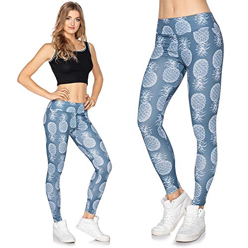 Softsail Yoga-Leggings mit hoher Taille mit Medientasche für Damen, Bauchweg, für Fitness, Laufen, Sport, mit diversen Mustern. Gr. 33, Blaue Ananas