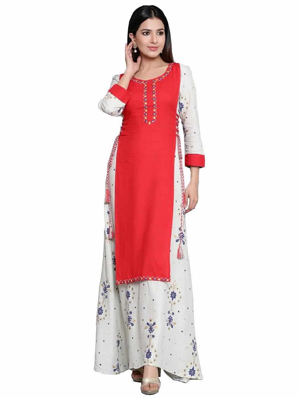 Stylum Women's Embroidered Rayon Flared Kurta (Greystar44_Beige, Xxl)