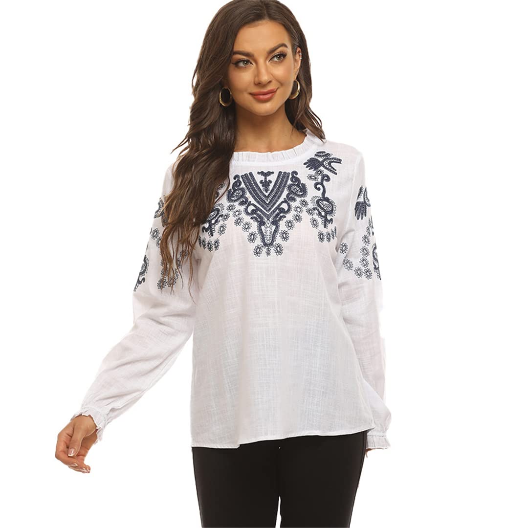 Boho haftowane bluzki koszula okrągły dekolt biała bawełniana koszula vintage długi rękaw damski etniczny top