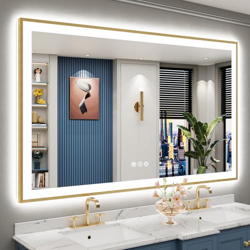 Image of 66x40 Gold LED Bathroom Mirror with Lights, Backlit & Front Lit | Brushed Gold Framed, Anti-Fog Lighted Vanity Mirror, Dimmable, 3-Color Temp, Memory, CRI95, HD Tempered Glass, UL Listed
