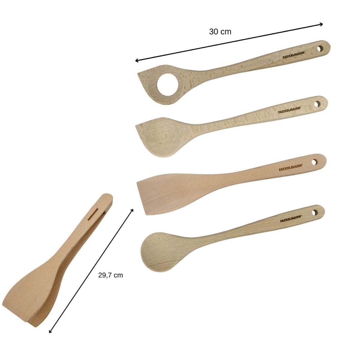 Fackelmann 9990050 Küchenutensilien-Set, 5-teilig, Küchenzange, Risottolöffel, Reislöffel, Spachtel, Löffel, FSC-Holz, ca. 30 cm