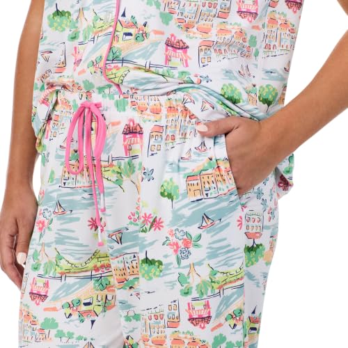 Image of Cuddl Duds 2 Piece Short Sleeve Capri Matching Pajamas for Women PJs Set | Cropped Capris Pants & Button Up Top, Sleepwear & Loungewear, Cute Sleep & PJ Set, Soft Lightweight & Breathable Pajamas
