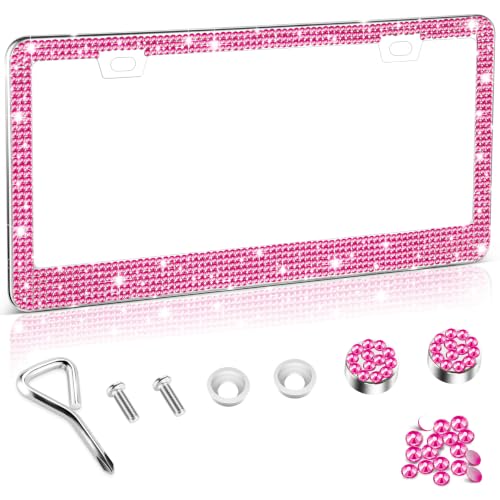 Image of Amiss Bling License Plate Frame for Women, 1Pack Rhinestone Handcrafted Crystal Premium Stainless Steel, Stainless Steel Car Decorative Accessories with Diamond Sparkle Glitter Caps (Hot Pink)