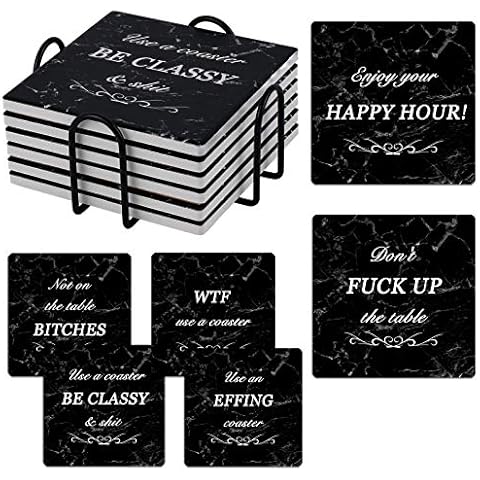 Funny Coasters for Drinks Absorbent with Holder, 6 Pcs Coasters Sets Ceramic Coaster with Cork Base Housewarming Gift New Home Apartment Kitchen House Decor Gift for Women Men Cover