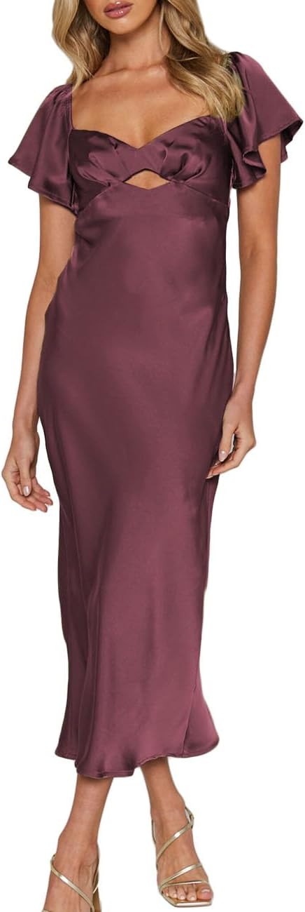 Summer satin flutter sleeve wedding guest dress sweetheart neckline MIDI