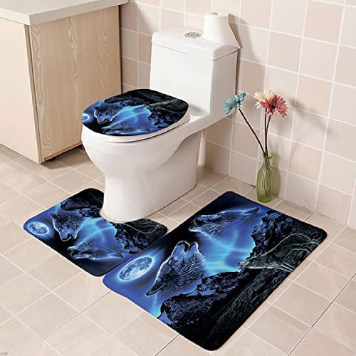 Badezimmer Teppich Set Weich Waschbar Badezimmerteppich 3 TLG rutschfeste Badeteppich WC Vorleger Deckelbezug U-förmige Konturmatte Memory Schaum Badezimmermatte ( Blauer Tierwolf )