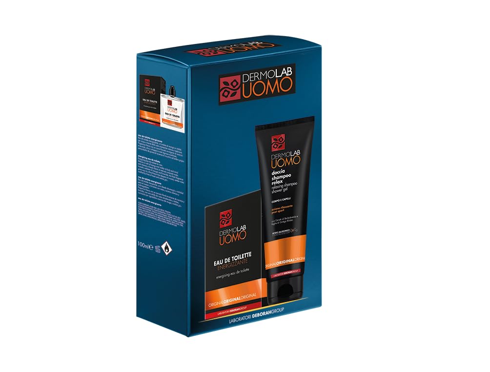 Dermolab Męski zestaw prysznicowy do szamponu relaksacyjnego 250 ml piżmo i bursztyn, orzeźwiający i perfumy Eau De Toilette Energetyzujący 100 ml, nuty pomarańczowo-lawendowe