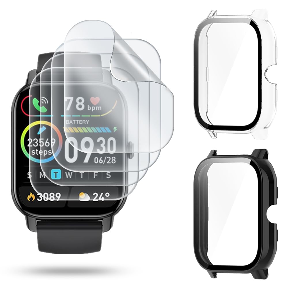 HUADUWatch Screen Protector (4+2Pack) Compatible for Nerunsa P66D，Case with Tempered Glass Film Hard PC Bumper Full Coverage Cover, Black