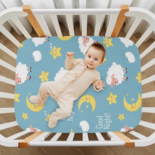 Image of Sheep Moon Blue Fitted Crib Sheet for Boys Girls Baby Breathable Crib Sheets for Crib Mattress,39 x 27 in
