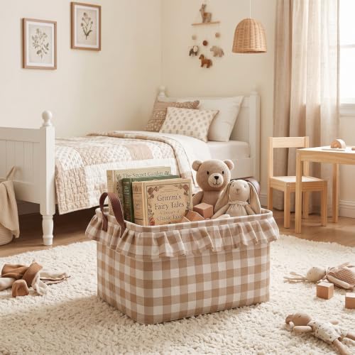 Image of Boao 1 Pcs Brown Ruffled Gingham Canvas Basket, Rectangular Organizing Decorative Storage Basket with Handle, Cute Farmhouse Home Decor for Nursery Room Bathroom Living Room
