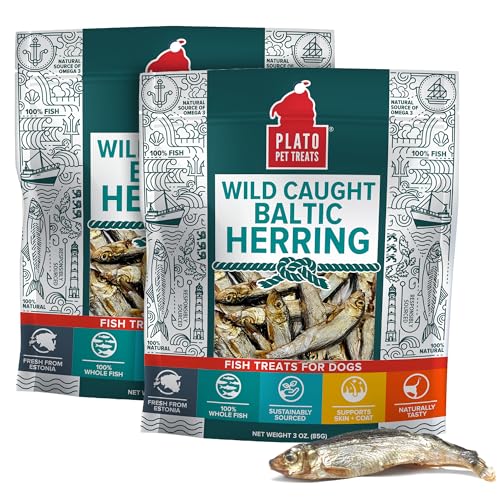 Plato Pet Treats Fish Dog Treats - Air-Dried Single Ingredient Pet Treat - Omega 3 & 6 Fatty Acids to Support Skin and Coat - 100% Whole Fish - Wild Caught Baltic Herring - 3oz - 2 Pack