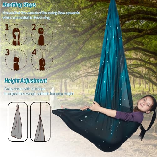 HiChrote Sensory Swing for Kids Holds up to 300lbs Indoor & Outdoor Therapy Cuddle Swing with Hammock Hooks Hanger Kit for Calming, Effect for Autism, ADHD or SPD. (Space Teal) - Image 7