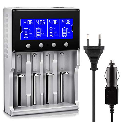 18650 Cargador Batería Universal, Cargador Pilas AA y AAA con Pantalla LCD para Baterías Recargables Ni-MH Ni-CD LiFePO4 Li-Ion CR123A 10440 14500 16340 26650 21700 (4 Ranuras)