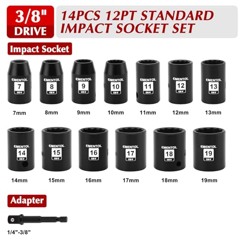 Image of EMENTOL 14PCS 3 /8 inchDr. Standard Impact Socket Set, Metric, 12-Point, CR-V, 14 Pieces 3 /8-Inch Drive Shallow Socket Set, 7mm - 19mm