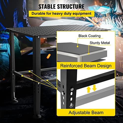 VEVOR Welding Table, 36" x 24" Adjustable Workbench, 0.12" Thick Industrial, 600lb Load Capacity, Heavy Duty Carbon Steel, Gray Steel With Accessories