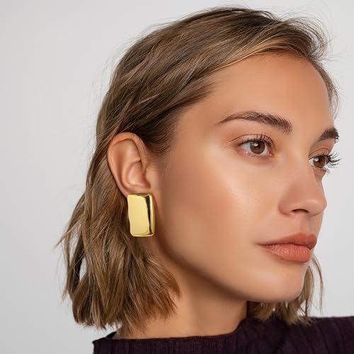 Chunky Gold Earrings - Trendy Drop Studs in Thick Oval, Geometric, Bow, Circle, Rectangle Shapes - Large Gold Earrings for Women's Jewelry Gifts4