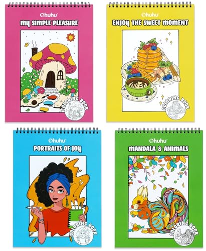 Ohuhu Set da 4 Libri da Colorare per Adulti - Carta a Doppia Faccia Anti-Trasferimento per Marker | Disegni Anti-Stress 20x25 cm (Animali, Mandala, Fiori, Dessert) | 160 Pagine Totali |