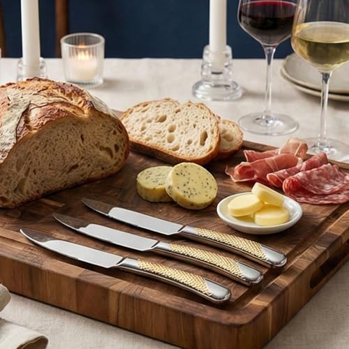 Image of Sterling Silver With Golden Handle French Style Silverware | 5-Piece Hammered Dinner Knife Set with 2-in-1 Serrated Steak Knife | Flatware Cutlery for Home, Restaurants & Gifting