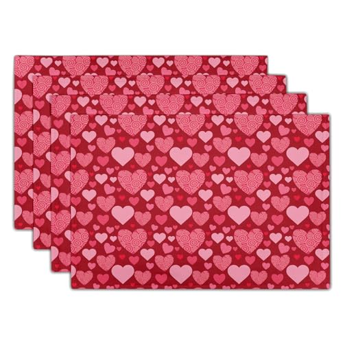 Valentine Placemats Set of 4 - Red Heart Place Mat Pink Love Tablemats 12x18 for Kitchen Dining Table