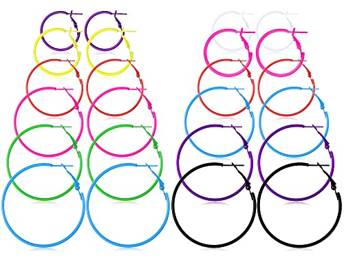 12 Pairs 80s Hoop Earrings Neon Color Circle Earrings Hoops Colored Hoop Earrings Set for Women(Multi Color)