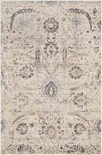 Image of Hauteloom Obsidian Rustic Farmhouse Living Room Bedroom Dining Room Area Rug - Turkish Style - Traditional Floral Look - Bluish Medium Grey, Beige, Light Brown, Cream, Black - 4'3 inch x 5'7 inch