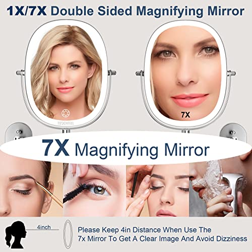 Touchfeel Wall Mounted Makeup Mirror, 9 Inch 1X/7X Magnifying Mirror With 3 Color Light, Double Sided 360° Swivel Extendable Bathroom Mirror With Dimmable Led Light For Bedroom #TOP2