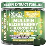 Clean Nutra Mullein Gummies for Lung Health Support with Elderberry Chlorophyll Spirulina Tart Cherry Sea Moss Vitamin C Lutein Marshmallow Root Licorice Root Superfood Greens Mucus Relief 60 Gummies