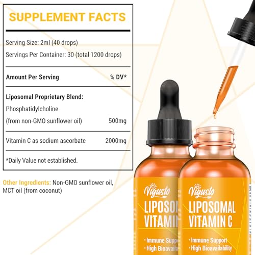 Liposomales Vitamin C Flüssig 2000mg, Hohe Absorption Vit C Tropfen, Antioxidans-Nahrungsergänzungsmittel, Vegan