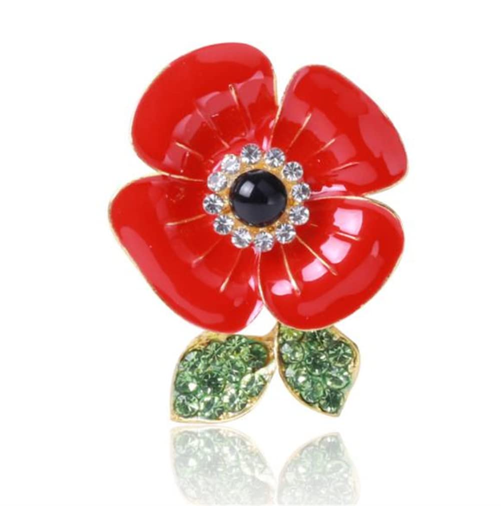 Red Poppy Flowers Enamel Brooch Coat Lapel Pins Badge Crystal Rhinestone Flower Brooch Poppy Brooch Pin Red Flower Green Leaf Brooch Vintage Accessories Remembrance Day Memorial Day Gift, Alloy Steel