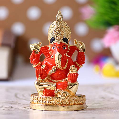 Image of eCraftIndia Gold Plated Orange Siddhivinayak Ganesha Decorative Showpiece for Home /Temple /Office /Car Dashboard