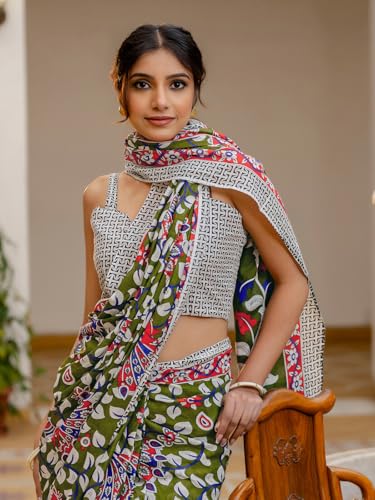Image of SIRIL Women's Printed Ready to Wear Mul Cotton Saree With Unstitched Blouse Piece