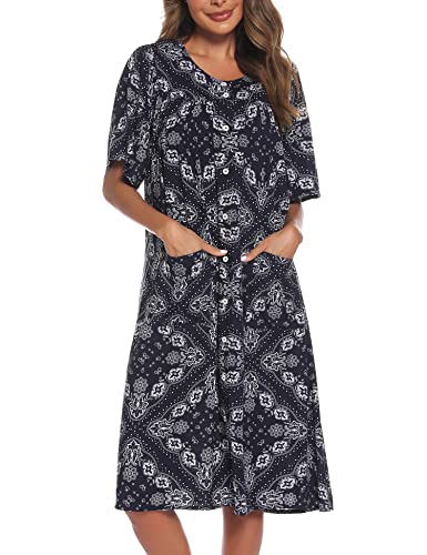 Image of COSUNIONY House Dresses for Women Cotton Short Sleeve House Coat Buttons Down Dusters Robe with Pockets S-XXL