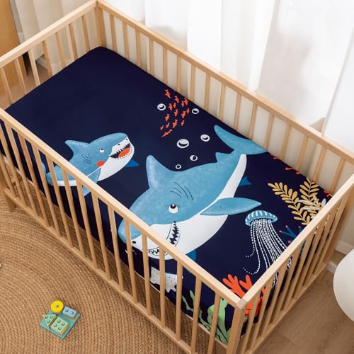 Image of PHF 4 Pack Soft Shark Crib Sheets Fitted, Comfy Breathable Baby Sheets for Boys Girls, 28x52 Inches Fits Standard Crib and Toddler Mattresses, Shark